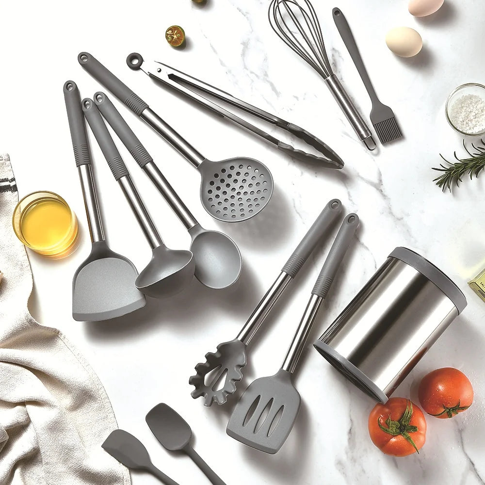 12-Piece Silicone Kitchen Utensil Set with 360° Rotating Holder – Heat Resistant, Space-Saving Design