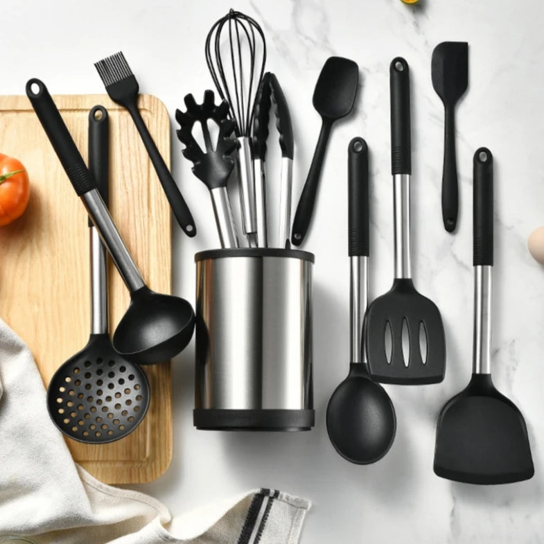12-Piece Silicone Kitchen Utensil Set with 360° Rotating Holder – Heat Resistant, Space-Saving Design