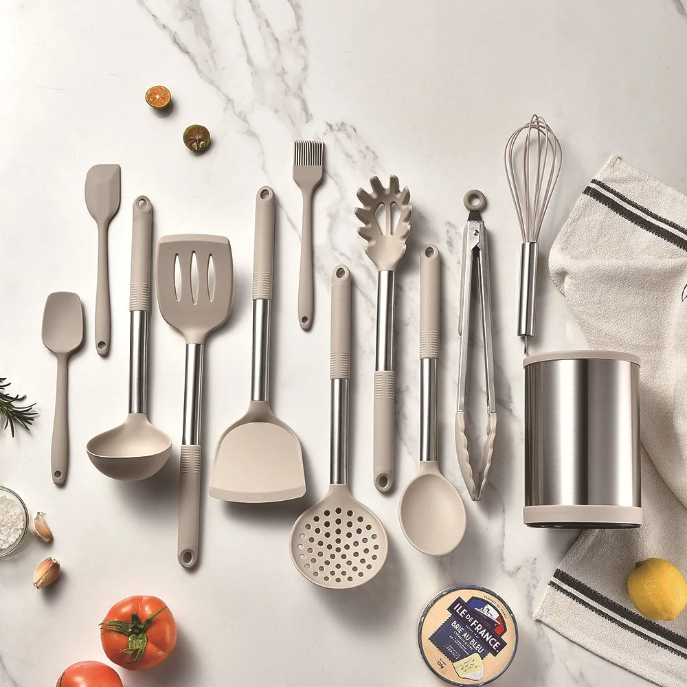 12-Piece Silicone Kitchen Utensil Set with 360° Rotating Holder – Heat Resistant, Space-Saving Design