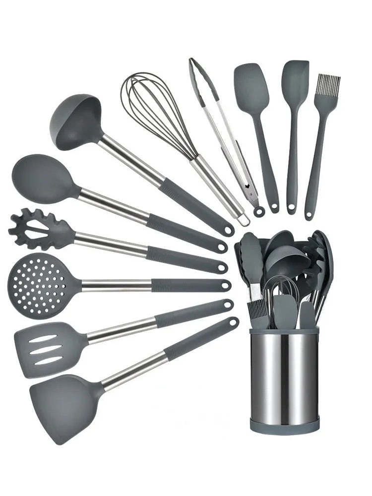 12-Piece Silicone Kitchen Utensil Set with 360° Rotating Holder – Heat Resistant, Space-Saving Design
