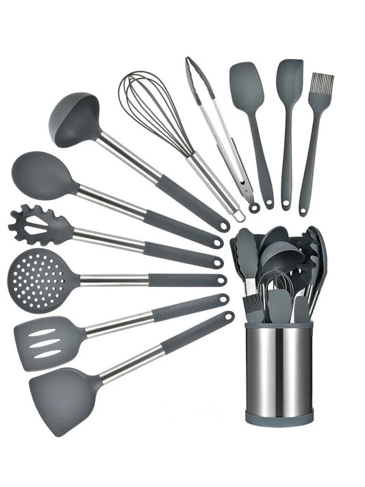 12-Piece Silicone Kitchen Utensil Set with 360° Rotating Holder – Heat Resistant, Space-Saving Design